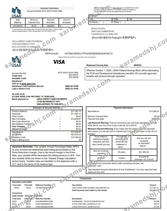 USA USAA bank Credit card statement